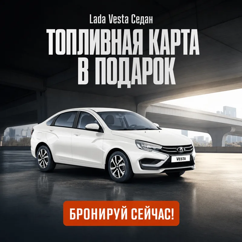Lada Vesta Седан на тёмной парковке, «Топливная карта в подарок»