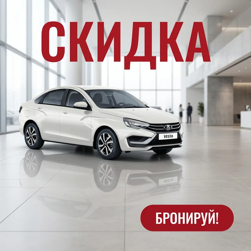 Lada Vesta в салоне, красное слово «Скидка»
